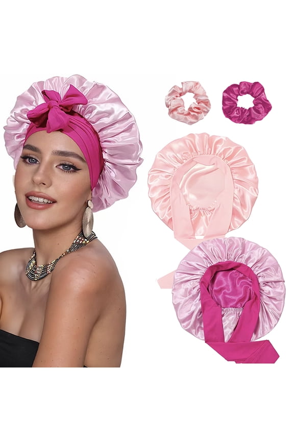 Double Layer Adjustable Tie Band Satin Silk Bonnet Sleep Cap for Sleeping, Double-Sided Color, 2 Pack（Rose pink, pink）