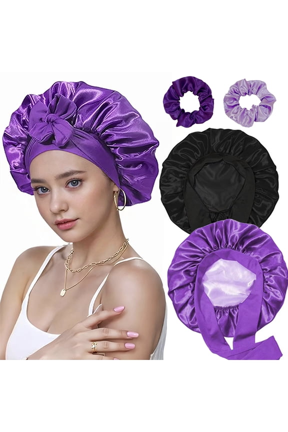 Double Layer Adjustable Tie Band Satin Silk Bonnet Sleep Cap for Sleeping, Double-Sided Color, 2 Pack（deep purple,Black）