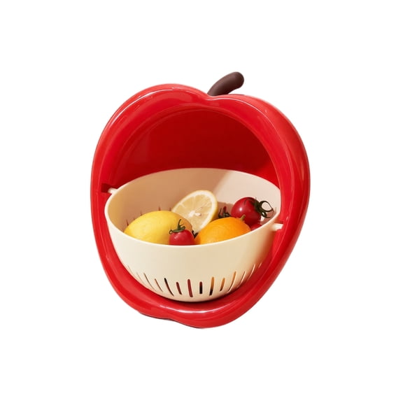 Double-Layer Apple Shaped Fruit Drain Basket,Kitchen Colander and Serving Bowl for Produce Washing and Storage,Fun Design Kitchenware Gift