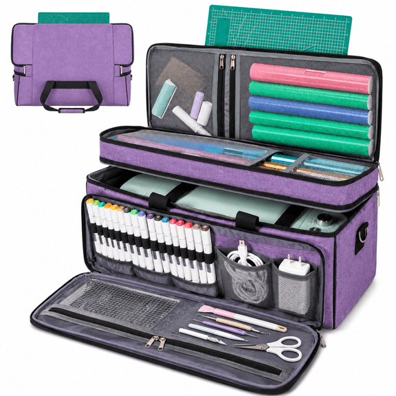 LAVFOX Double Layer Cricut Carrying Case with Mat Pocket, Purple