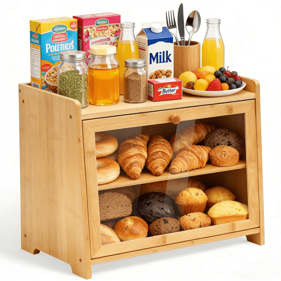 Double Layer Bamboo Bread Box for Kitchen Counter, Large Capacity Farmhouse Bread Storage Container with Tempered Glass Door,Suitable for kitchens, living rooms,Pantry, and cabinets