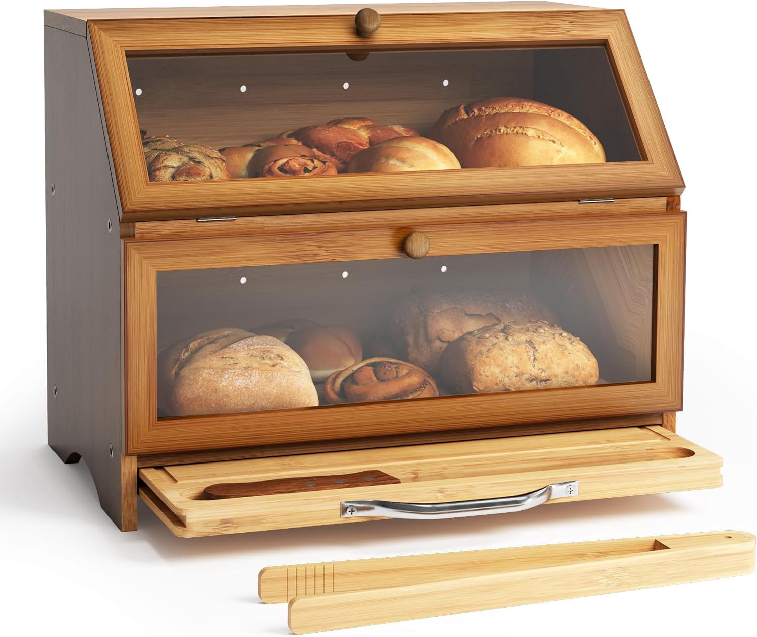 Double Layer Bamboo Bread Box for Kitchen Countertop, Large Capacity, Cutting Board, Stainless Steel Bread Knife, Double Layer Storage Container with Clear Windows, Walnut