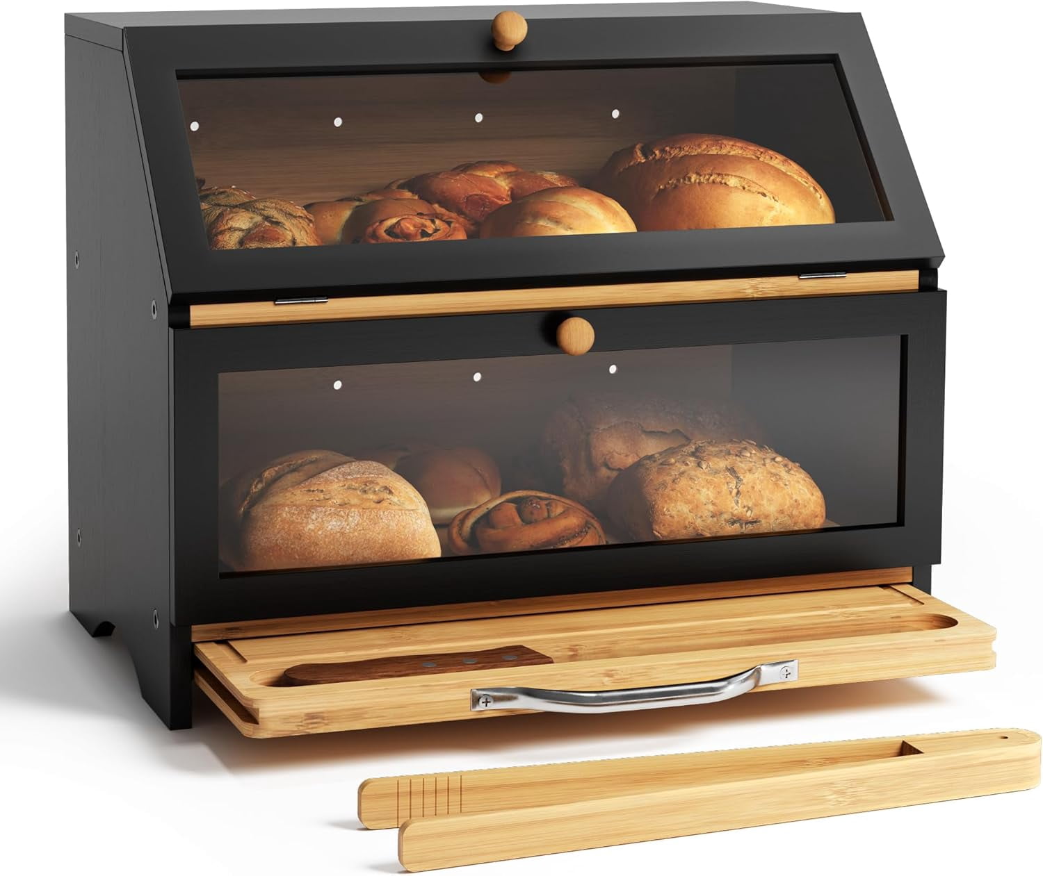 Double Layer Bamboo Bread Box for Kitchen Countertop, Large Capacity, Cutting Board, Stainless Steel Bread Knife, Double Layer Storage Container with Clear Windows, Black