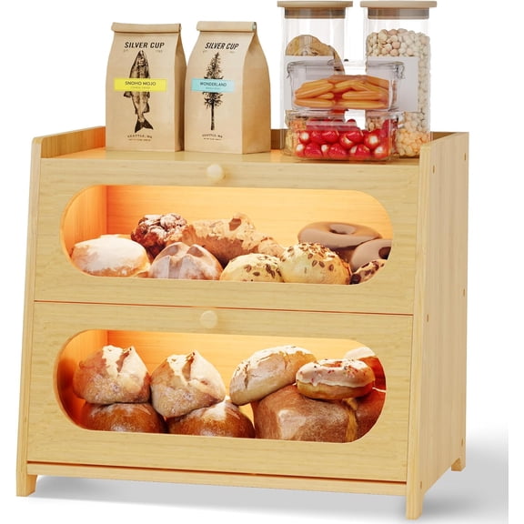 Double Layer Bamboo Bread Box for Kitchen Countertop, Large Capacity with Window Breadbox, Farmhouse Bread Storage Container, Fits Corner, Cabinet, Pantry