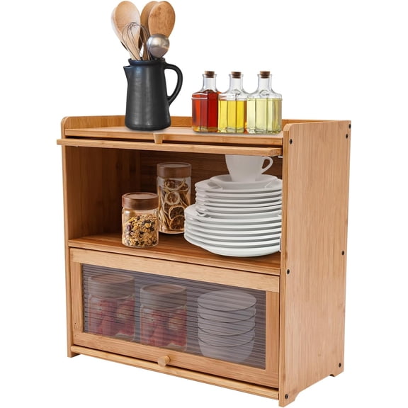 Double Layer Bamboo Bread Box for Kitchen Countertop - Modern Storage Cabinet w/Acrylic Windows, 33.07lbs Tier Capacity, Farmhouse Bread Holder for Snacks/Spices, 20.5 * 9.8 * 19.7in