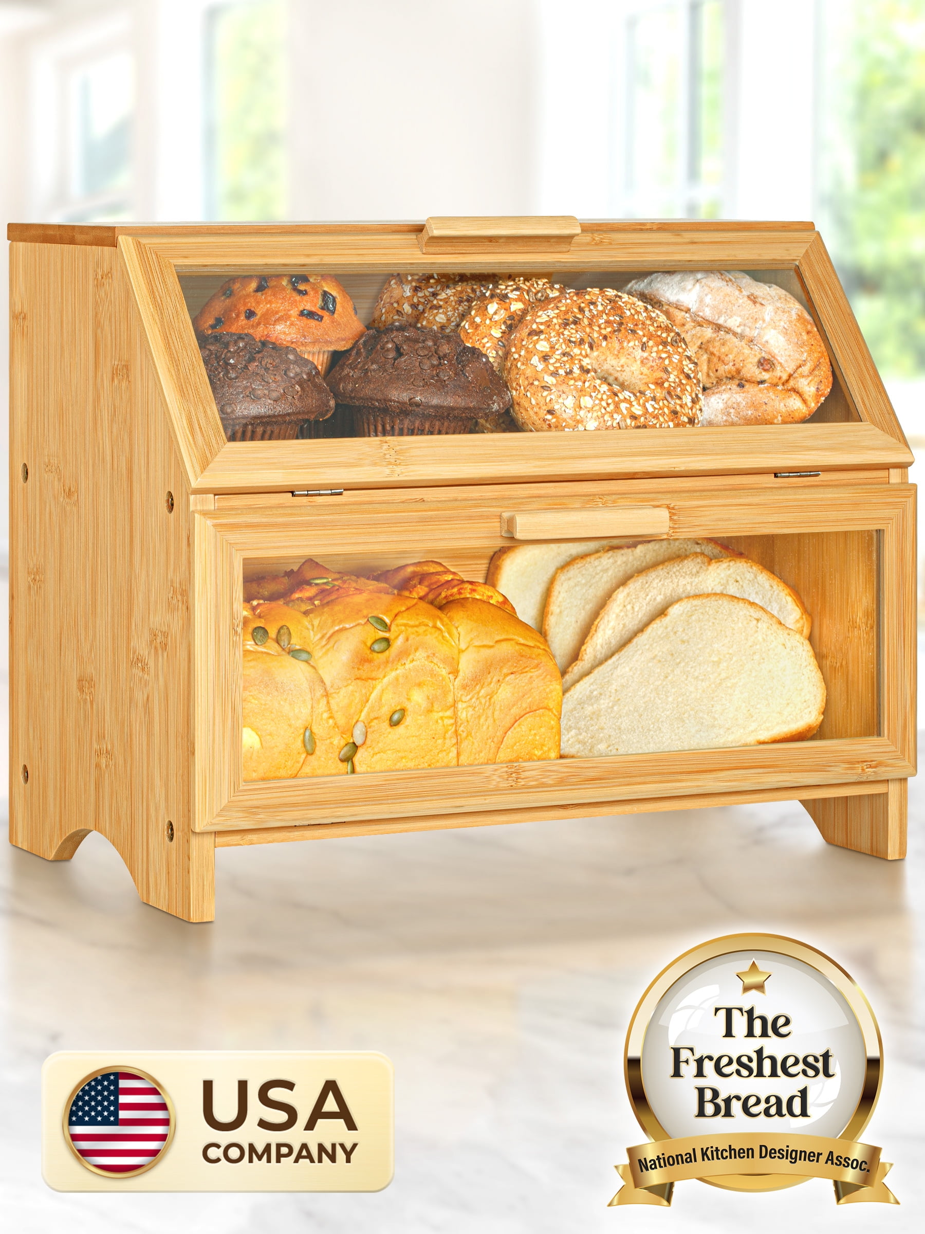 Golden Nature Double Layer Bamboo Bread Box Large Storage for