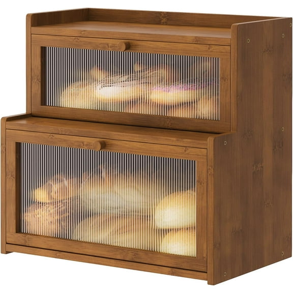 Double Layer Bamboo Bread Box for Kitchen Counter,Bread Holder,Countertop Bread Storage with Window (Brown)