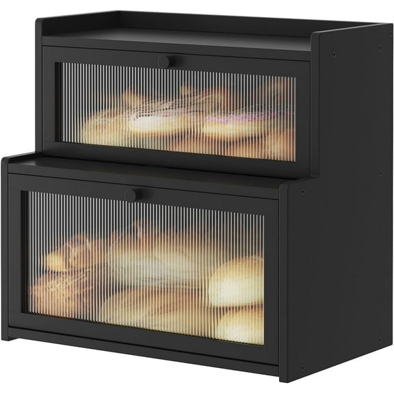 Double Layer Bamboo Bread Box for Kitchen Counter,Bread Holder,Countertop Bread Storage with Window (Black)
