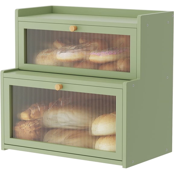 Double Layer Bamboo Bread Box for Kitchen Counter, Countertop Bread Storage Container, Bread Container Bread Storage with Window Bread Holder (Green)