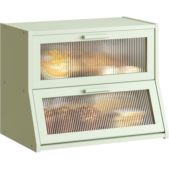 Double Layer Bamboo Bread Box for Kitchen Counter,Large Capacity Bread Storage Bin,Bread Container with Acrylic Wavy Door Panel (Light Green, Medium)