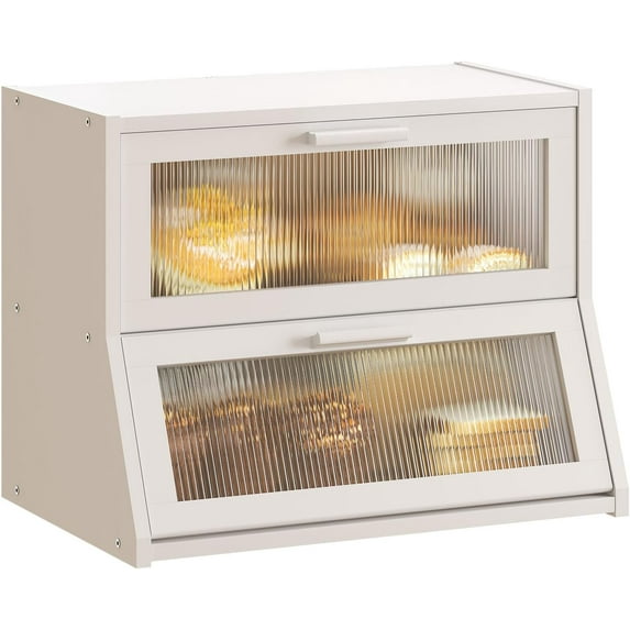 Double Layer Bamboo Bread Box for Kitchen Counter,Large Capacity Bread Storage Bin,Bread Container with Acrylic Wavy Door Panel (Natural, Medium)