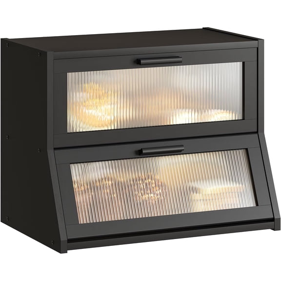 Double Layer Bamboo Bread Box for Kitchen Counter,Large Capacity Bread Storage Bin,Bread Container with Acrylic Wavy Door Panel (Natural, Medium)