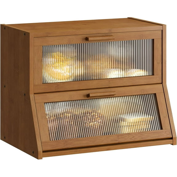 Double Layer Bamboo Bread Box for Kitchen Counter,Large Capacity Bread Storage Bin,Bread Container with Acrylic Wavy Door Panel (Brown, Medium)