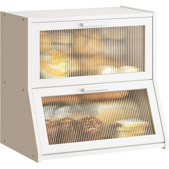 Double Layer Bamboo Bread Box for Kitchen Counter,Large Capacity Bread Storage Bin,Bread Container with Acrylic Wavy Door Panel (White, Extra Large)