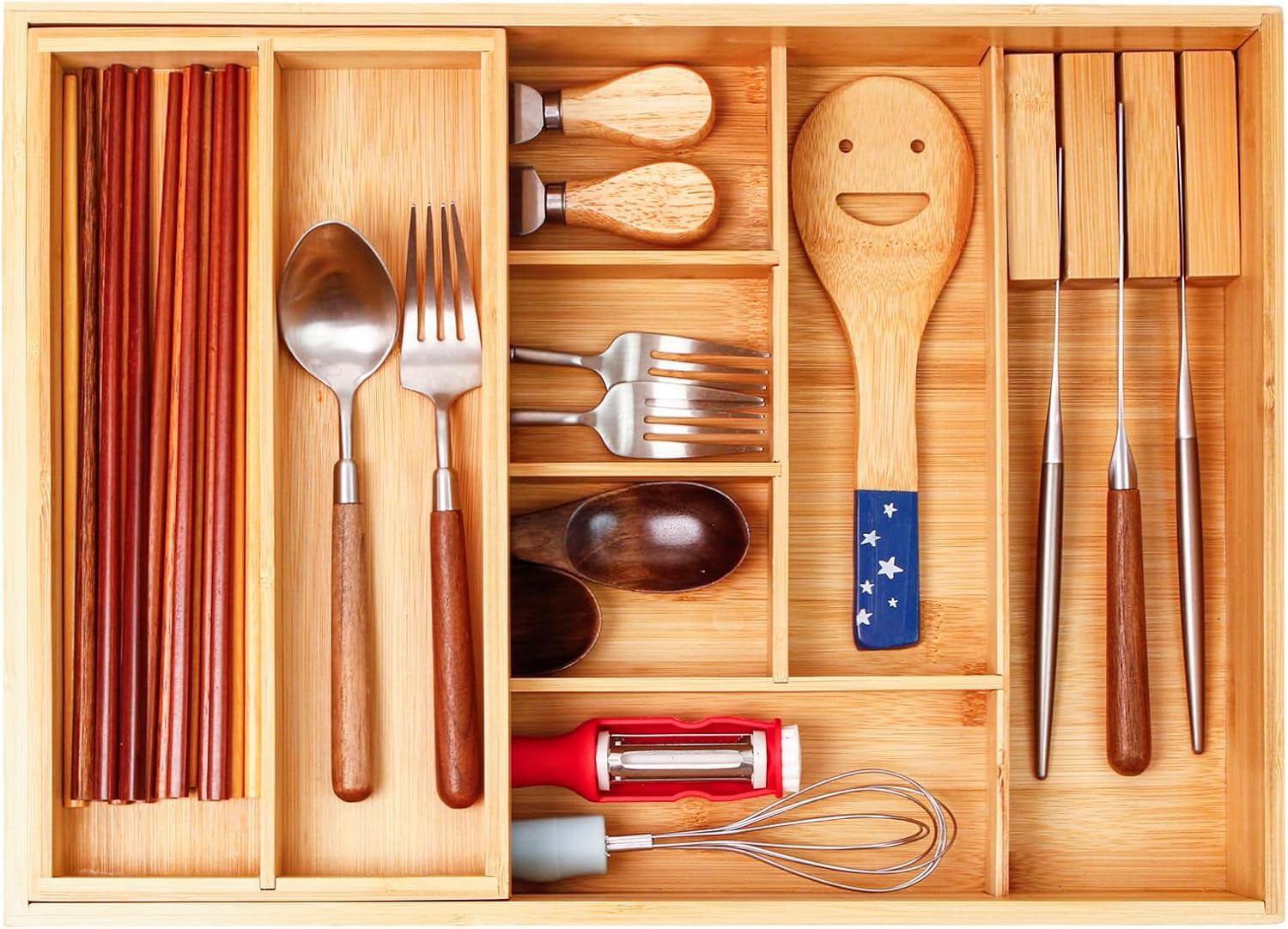 Double Layer Bamboo Kitchen Drawer Organizer Cutlery Utensil Silverware Drawer Organizer, Silverware Tray for Drawer Removable Utensil Holder Flatware Organizer Multi-use Storage Box (L)