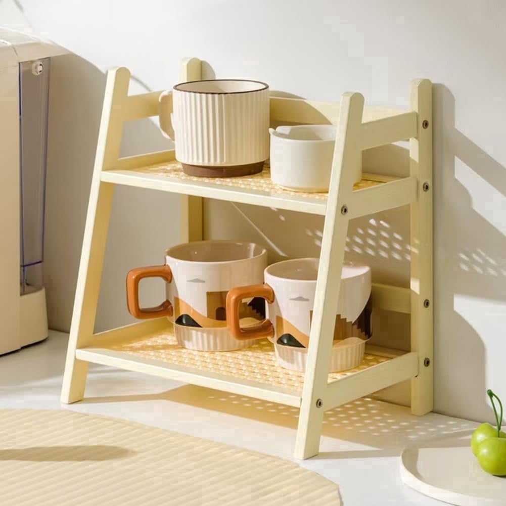Double-Layer Bamboo Shelf Organizer for Kitchen  Rattan-Style Cup Rack & Pantry Organizer  Storage Shelves for Cabinet, Counter, Dormitory, Home Decor (white)
