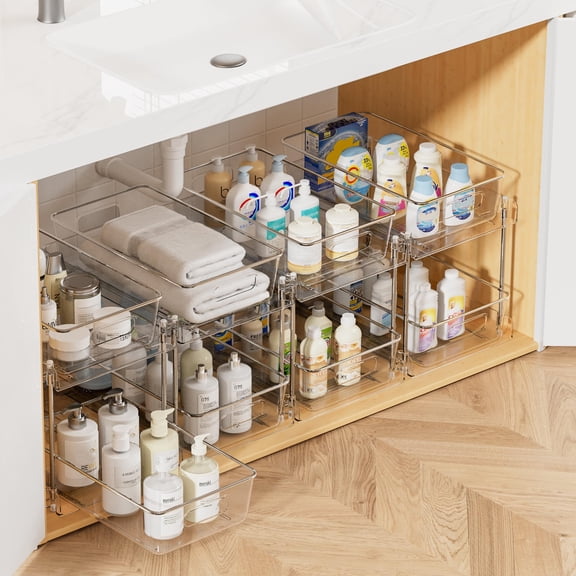 Clear Under Sink Organizer, 2 Tier Pull Out Storage Bins for Bathroom Vanity, Kitchen Pantry Cabinet, Countertop Drawer Organizer with Slide Track, Clear