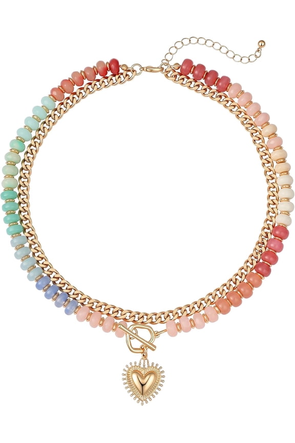 Double Layer Beaded Curb Chain Heart Pendant Necklace, 3 Pastel Stone Color Options Gold Toggle Clasp Choker, Boho Stackable Layered Jewelry Gift for Women  Daily Vacation Outfit