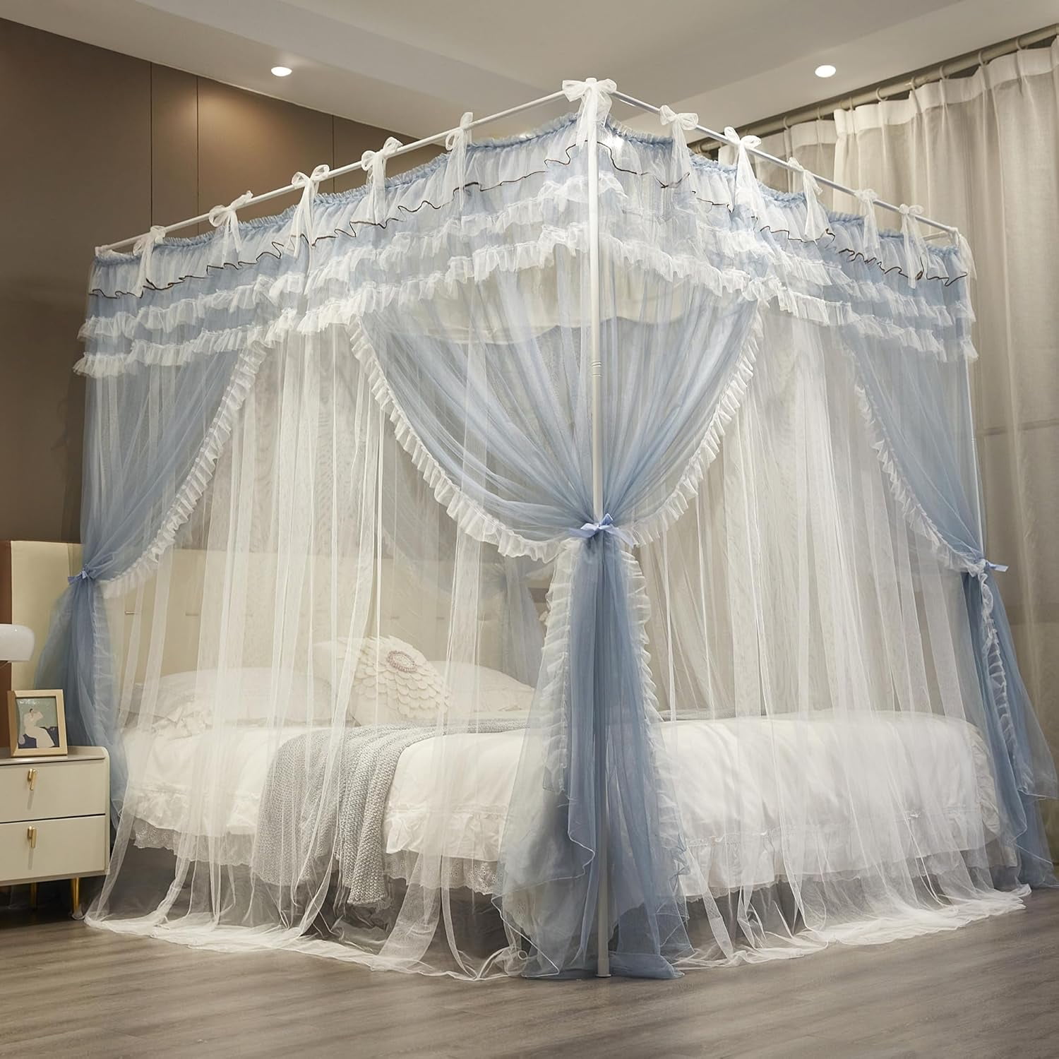 Double Layer Bed Canopy Curtain with 4 Corner Posts, Lace Up Ruffle ...