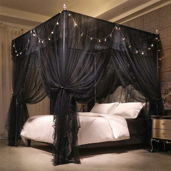 Double Layer Bed Canopy Curtain with Rope and Anchors Double Black 53 W x 78 L