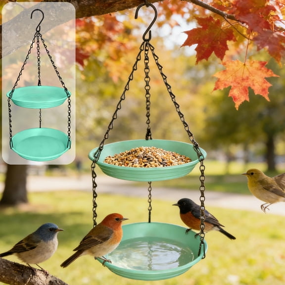 Double Layer Bird Feeder 2-in-1 for Water & Seed, Weatherproof Outdoor Hanging Wild Bird Feeder
