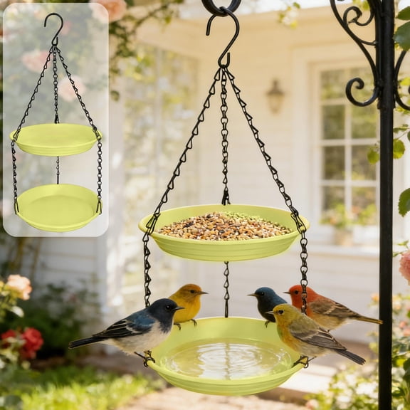 Double Layer Bird Feeder Hanging, 8.7 Inch Plastic Outdoor Water Feeding, Weather Resistant Courtyard Garden Decor, Easy Install Chain 20 Inch, Wild Bird Watching Gift Nature Lover