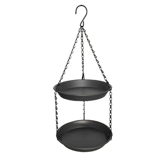 Double Layer Birds Feeder, Outdoor Hanging Bird Bath, Dual Purpose Bird Feeder and Waterer with Rust-Resistant Chains, Easy to Clean Dark Gray Plastic Hanging Style Bird Bath Tub