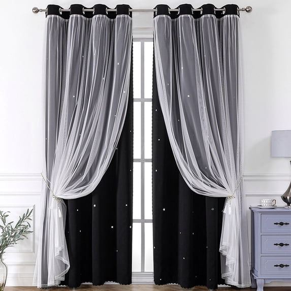 Double Layer Blackout Curtains, 2 in 1 Sheer and Blackout Curtains Thermal Insulated Star Pattern Room Darkening Drapes for Bedroom Living Room