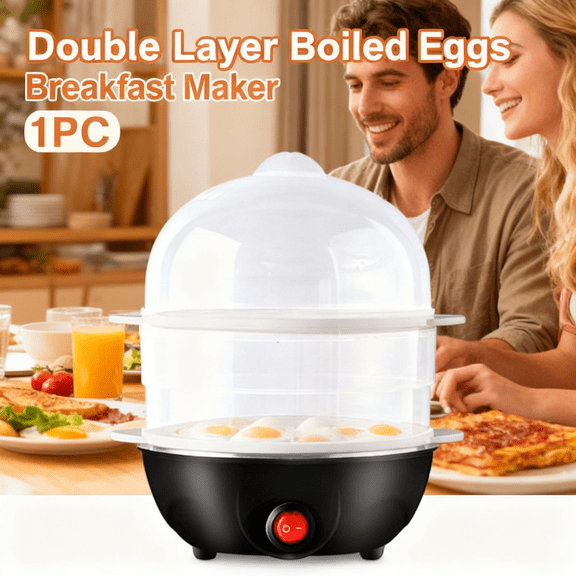 Double Layer Boiled Eggs Breakfast Maker, Efficient Egg Boiler and Steamer Machine, Cooks 14 Eggs to Desired Doneness, Made with Durable Stainless Steel, Fast & Safe with Auto Shut-Off