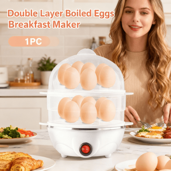 Double Layer Boiled Eggs Breakfast Maker, Efficient Egg Boiler and Steamer Machine, Cooks 14 Eggs to Desired Doneness, Made with Durable Stainless Steel, Fast & Safe with Auto Shut-Off