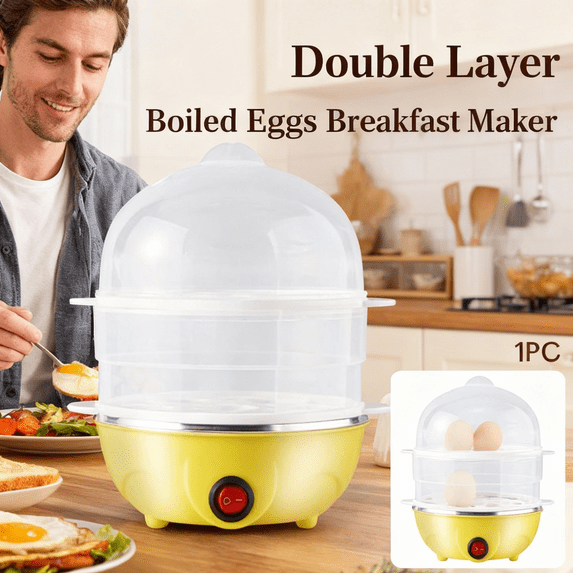 Double Layer Boiled Eggs Breakfast Maker, High-Efficiency Automatic Egg Cooker,14 Soft Boiled Eggs, Premium Stainless Steel Double Decker Design, Quick Cooking,Compact Kitchen Essential