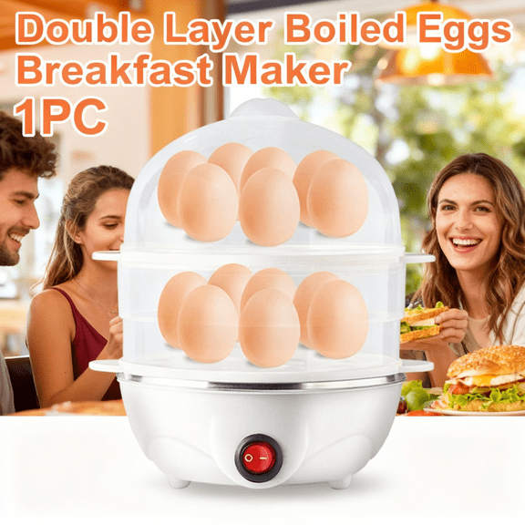 Double Layer Boiled Eggs Breakfast Maker, Smart Electric Egg Cooker with Large Capacity for 14 Eggs,for Hard Boiled Eggs & More, Stainless Steel Tray,Ideal for Family Breakfast,Healthy Eating