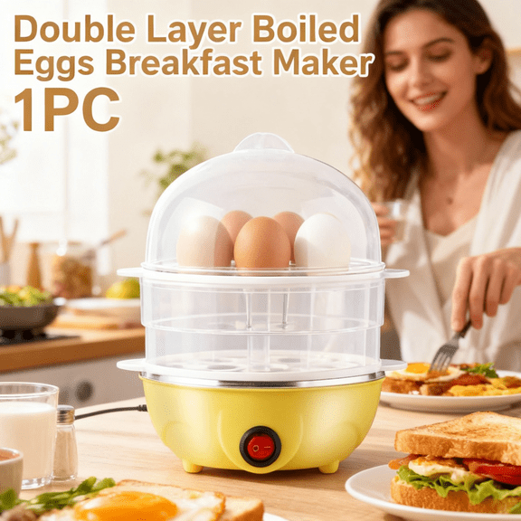 Double Layer Boiled Eggs Breakfast Maker, Smart Electric Egg Cooker with Large Capacity for 14 Eggs,for Hard Boiled Eggs & More, Stainless Steel Tray,Ideal for Family Breakfast,Healthy Eating