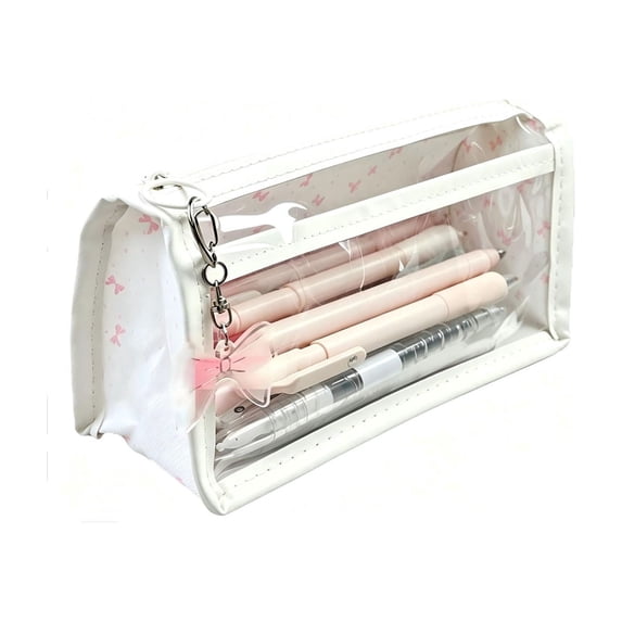 Double Layer Bow Pencil Pouch, Aesthetic Floral Pencil Case, Large Capacity Transparent PVC Stationery Pouch For Students, Travel Cosmetic Organizer 8.66x3.94in, Pink