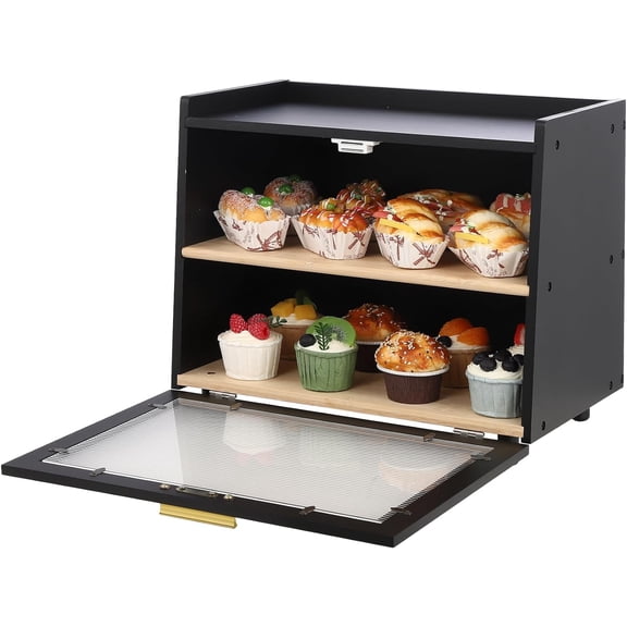 Double Layer Bread Box for Kitchen Countertop, Farmhouse Large Capacity Storage Container with Window, Black & Gold Bread Holder for Homemade Bread Rolls Muffins(Black)