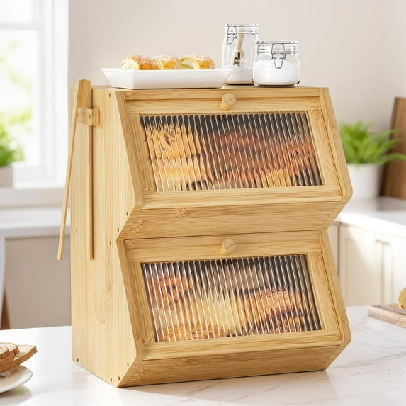 Double Layer Bread Box for Kitchen Countertop, Large Bamboo Bread Storage Container for Homemade Bread, Farmhouse Bread Holder for Kitchen Counter Cabinet, Pantry, Cupboard (Natural, Medium)