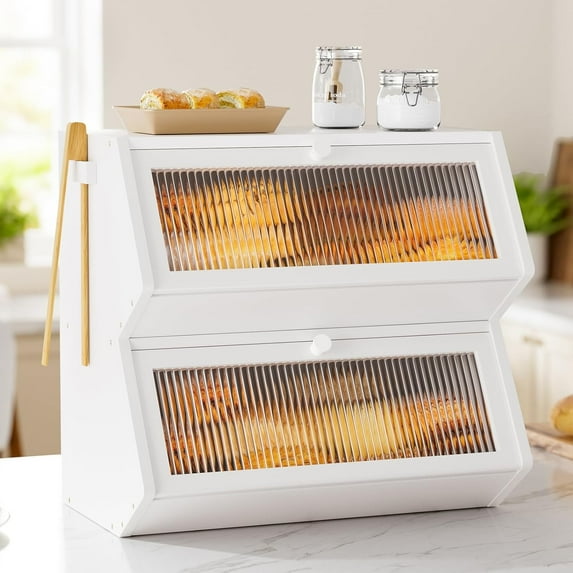 Double Layer Bread Box for Kitchen Countertop, Large Bamboo Bread Storage Container for Homemade Bread, Farmhouse Bread Holder for Kitchen Counter Cabinet, Pantry, (White, Extra Large)