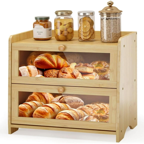 Double Layer Bread Box for Kitchen Countertop, Large Breadbox Bread Container Storage with Acrylic Door, Wooden Farmhouse Bread Holder (Bamboo, Medim-15.7" L x 9.5" W x 13" H)