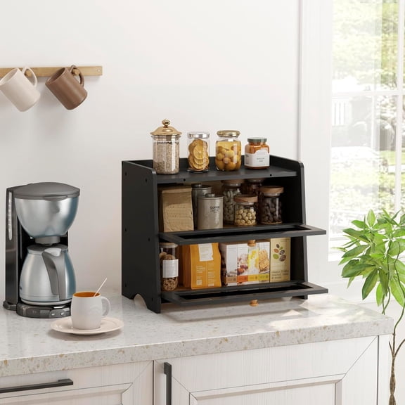 Double Layer Bread Box for Kitchen Countertop, Large Breadbox Bread Container Storage with Acrylic Door, Wooden Farmhouse Bread Holder (Black, Medim-15.7" L x 9.5" W x 13" H)