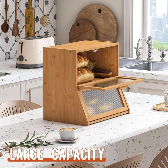 Double Layer Bread Box, Large Capacity Bread Storage Bin with Acrylic Wavy Door Panel, Natural Large