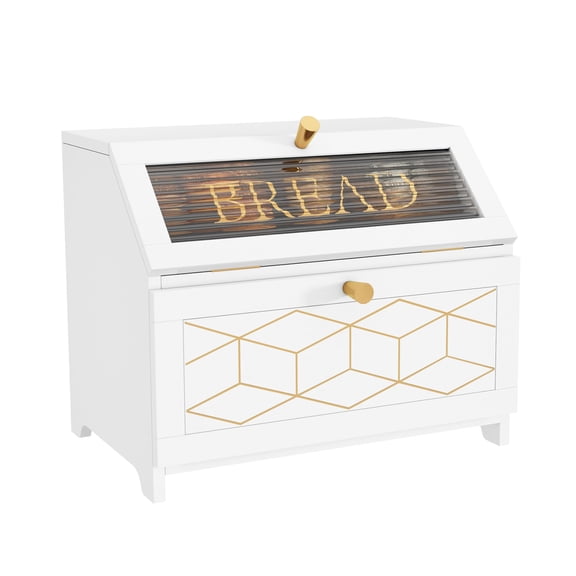 Double Layer Bread Box with Golden Trim for Kitchen Countertop | Wooden Bread Container for Kitchen Counter, Large Capacity Bread Keeper, Farmhouse Food Organizer with Glass Window