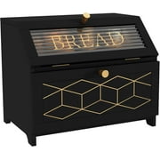 Double Layer Bread Box With Golden Trim for Countertop, Wooden Bread Container for Kitchen Counter, Corner Bread Storage Black1