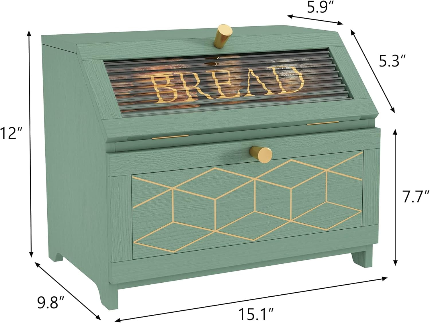Double Layer Bread Box With Golden Trim for Countertop, Wooden Bread ...