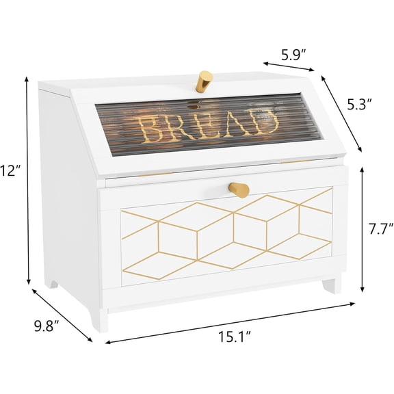 Double Layer Bread Box With Golden Trim for Countertop, Wooden Bread Container for Kitchen Counter, Corner Bread Storage (White)