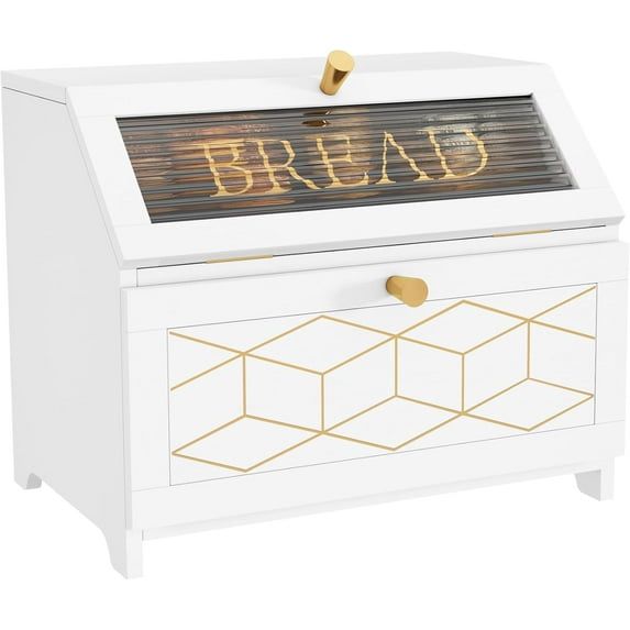 Double Layer Bread Box With Golden Trim for Countertop, Wooden Bread Container for Kitchen Counter, Corner Bread Storage (White)