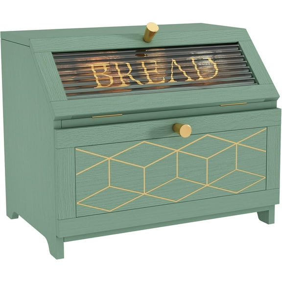 Double Layer Bread Box With Golden Trim for Countertop, Wooden Container Kitchen Counter, Corner Storage (Green)