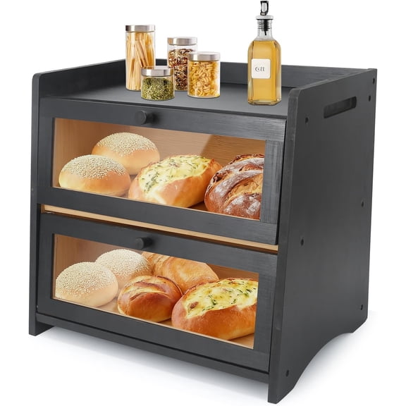 Double Layer Bread Box for Countertop - Large Black Kitchen Storage (15.7x11.2x14.4 Inch) with Clear Window & Breathable Closure