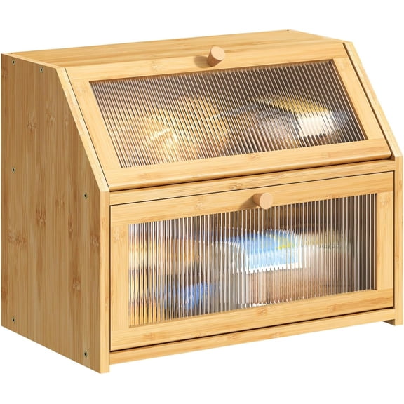 Double Layer Bread Box for Kitchen Counter,Bamboo Wood Bread box Capacity Bin Storage(Natural)