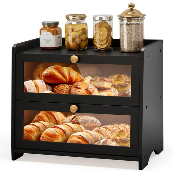 Double Layer Bread Box for Kitchen Countertop, Large Breadbox Bread with Windows, Wooden Farmhouse Bread Holder (Natural Bamboo)