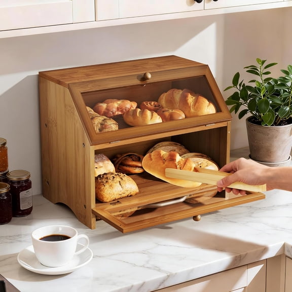 Double Layer Bamboo Bread Box with Cutting Board & Knife, Large Capacity Kitchen Storage Container with Clear Windows for Freshness